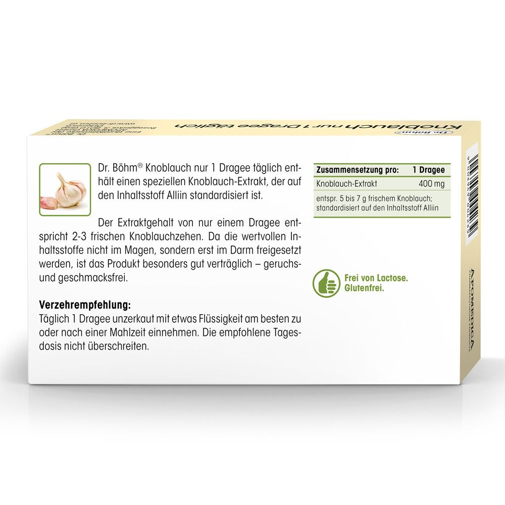 Rückseite der Dr. Böhm® Knoblauch-Verpackung. Text: Zusammensetzung pro Dragee: Knoblauch-Extrakt 400 mg. Frei von Laktose und Gluten.