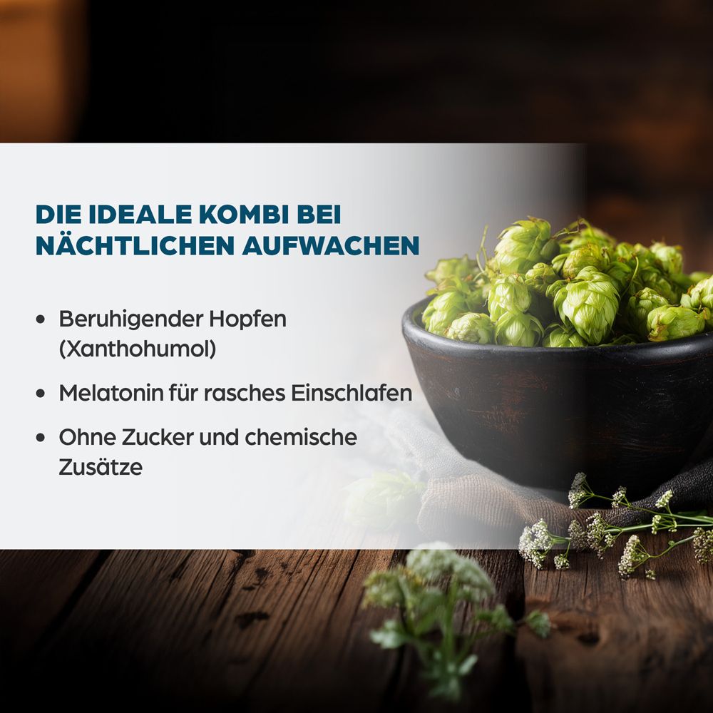 Eine Schüssel mit Hopfenblüten. Text: Beruhigender Hopfen, Melatonin, ohne Zucker und chemische Zusätze.