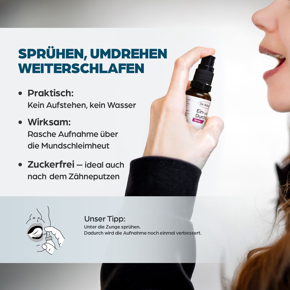 Frau sprüht Spray in den Mund. Text: Sprühen, umdrehen, weiterschlafen. Praktisch, wirksam, zuckerfrei.