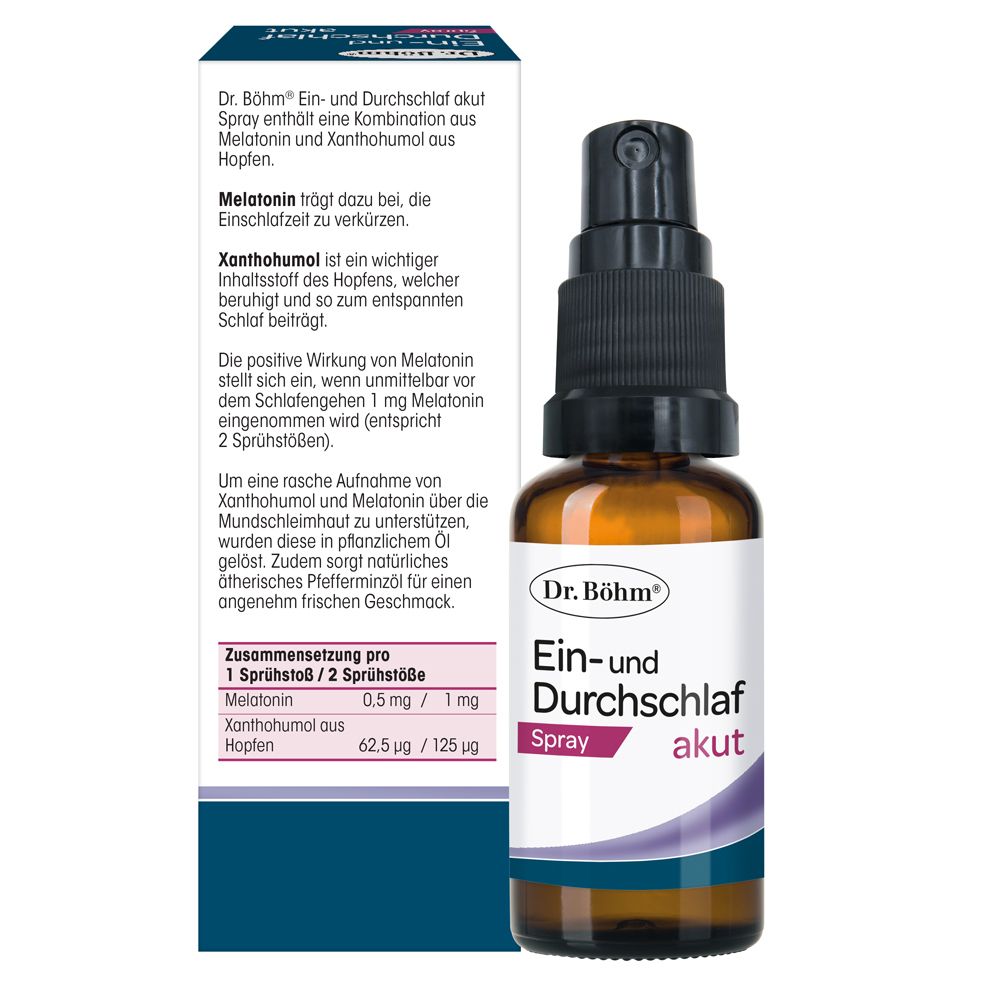 Dr. Böhm® Ein- und Durchschlaf Spray akut. Braune Flasche mit Sprühkopf. Produktinformationen.