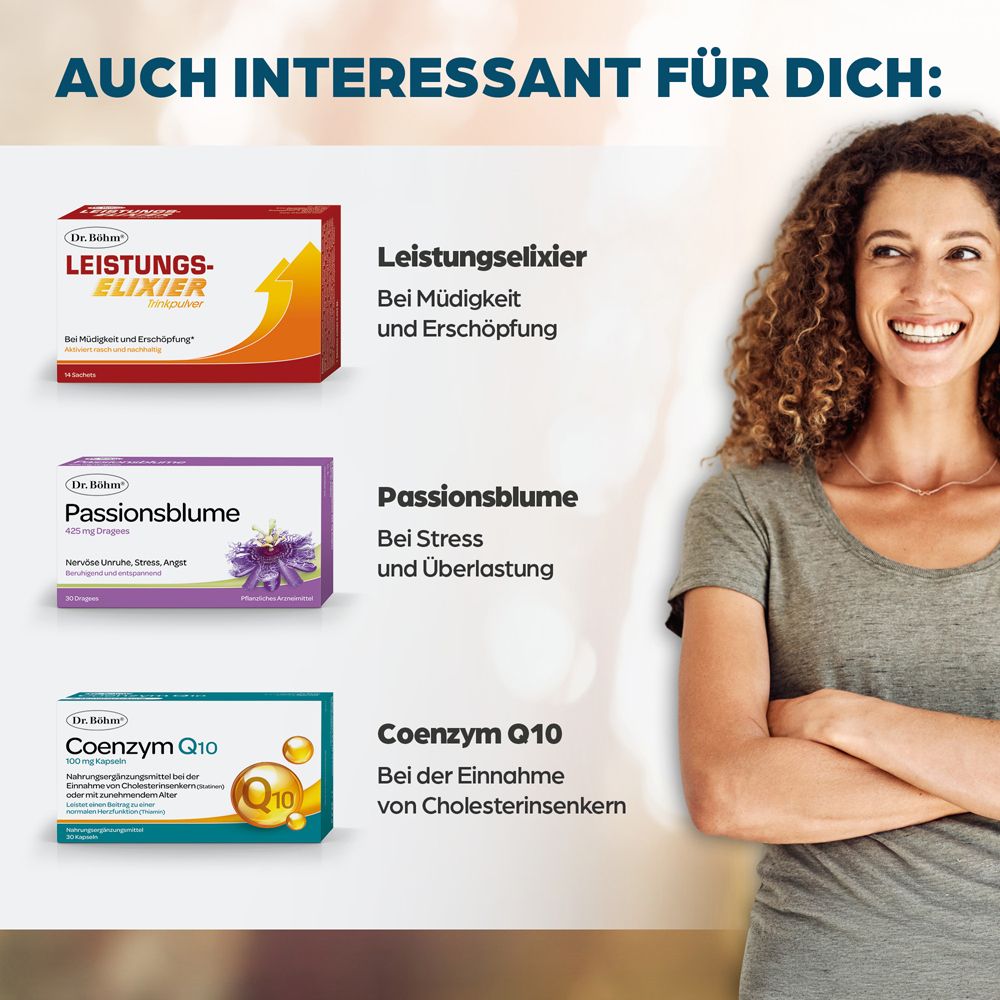Frau lächelt. Produkte: Leistungs-Elixier, Passionsblume, Coenzym Q10. Text: Auch interessant für dich.