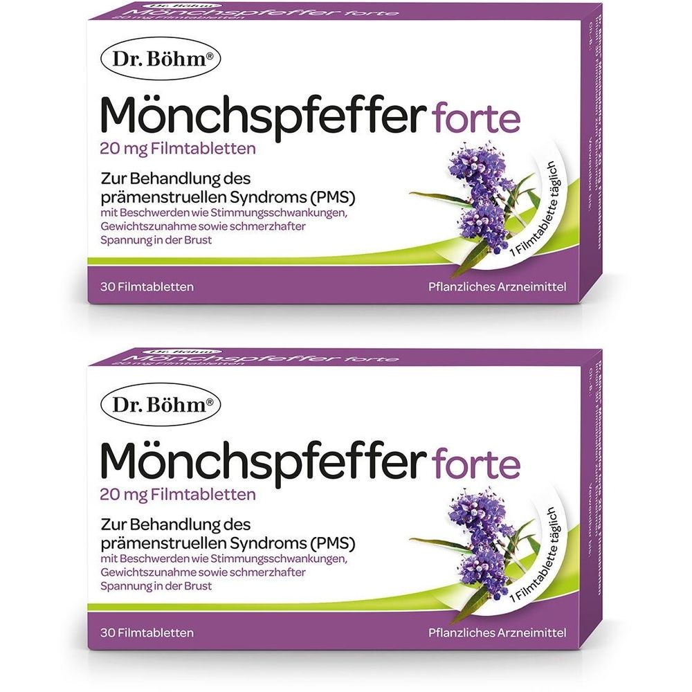 Zwei Packungen mit Dr. Böhm Mönchspfeffer forte. Lila Verpackung mit Produktnamen, floraler Illustration und Text. 30 Filmtabletten.