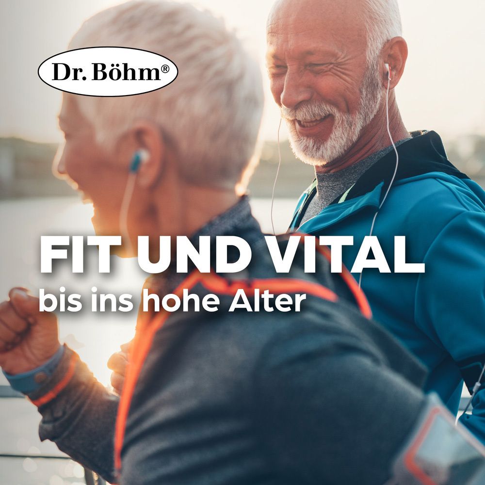 Älteres Paar beim Joggen, Text: FIT UND VITAL bis ins hohe Alter.