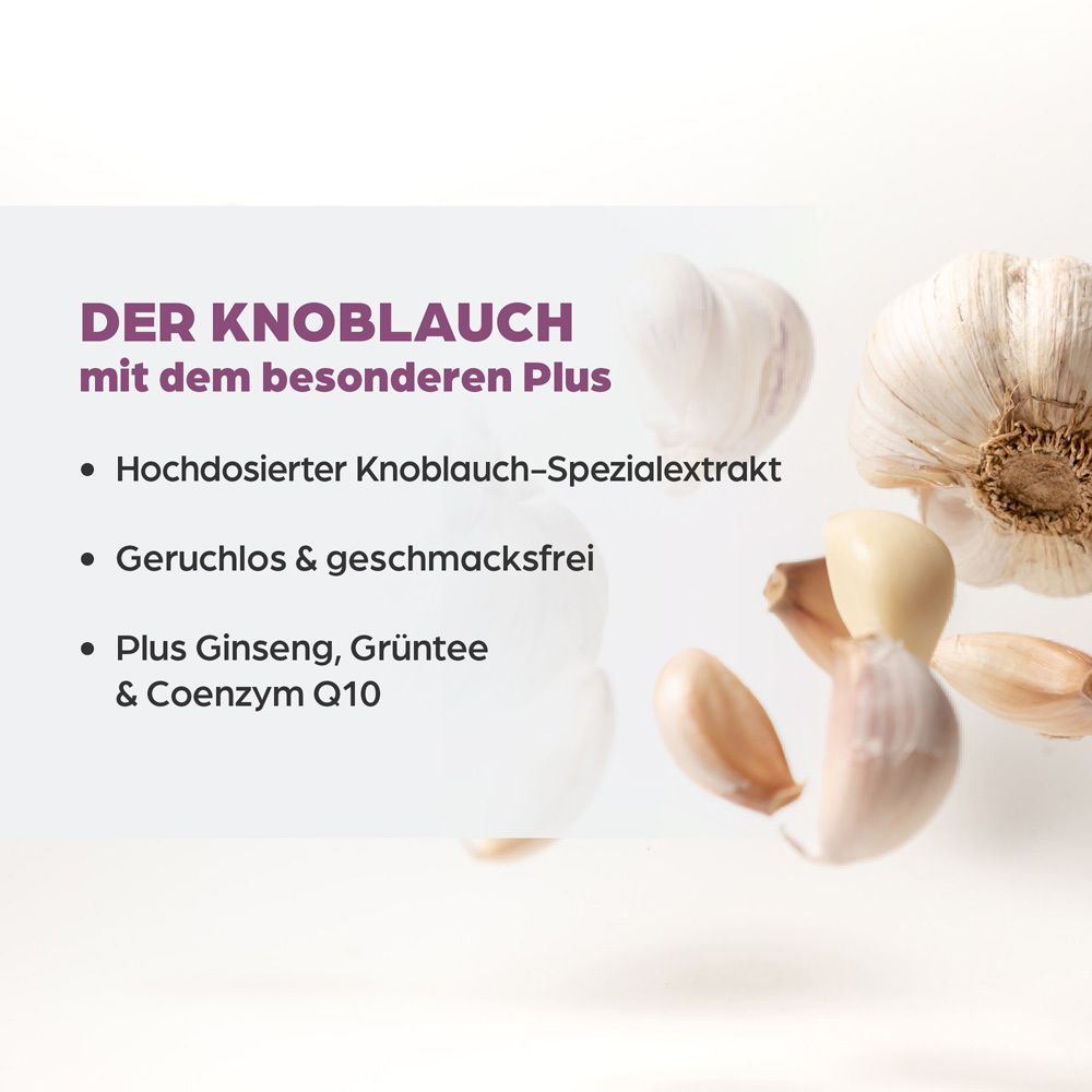 Abbildung von Knoblauchzehen und Knoblauch. Text: Hochdosierter Knoblauch-Spezialextrakt, Geruchlos & geschmacksfrei, Plus Ginseng, Grüntee & Coenzym Q10.
