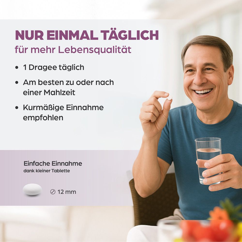 Mann hält Tablette. Text: 1 Dragee täglich, Am besten zu oder nach einer Mahlzeit, Kurmäßige Einnahme empfohlen. Tablette: 12 mm.