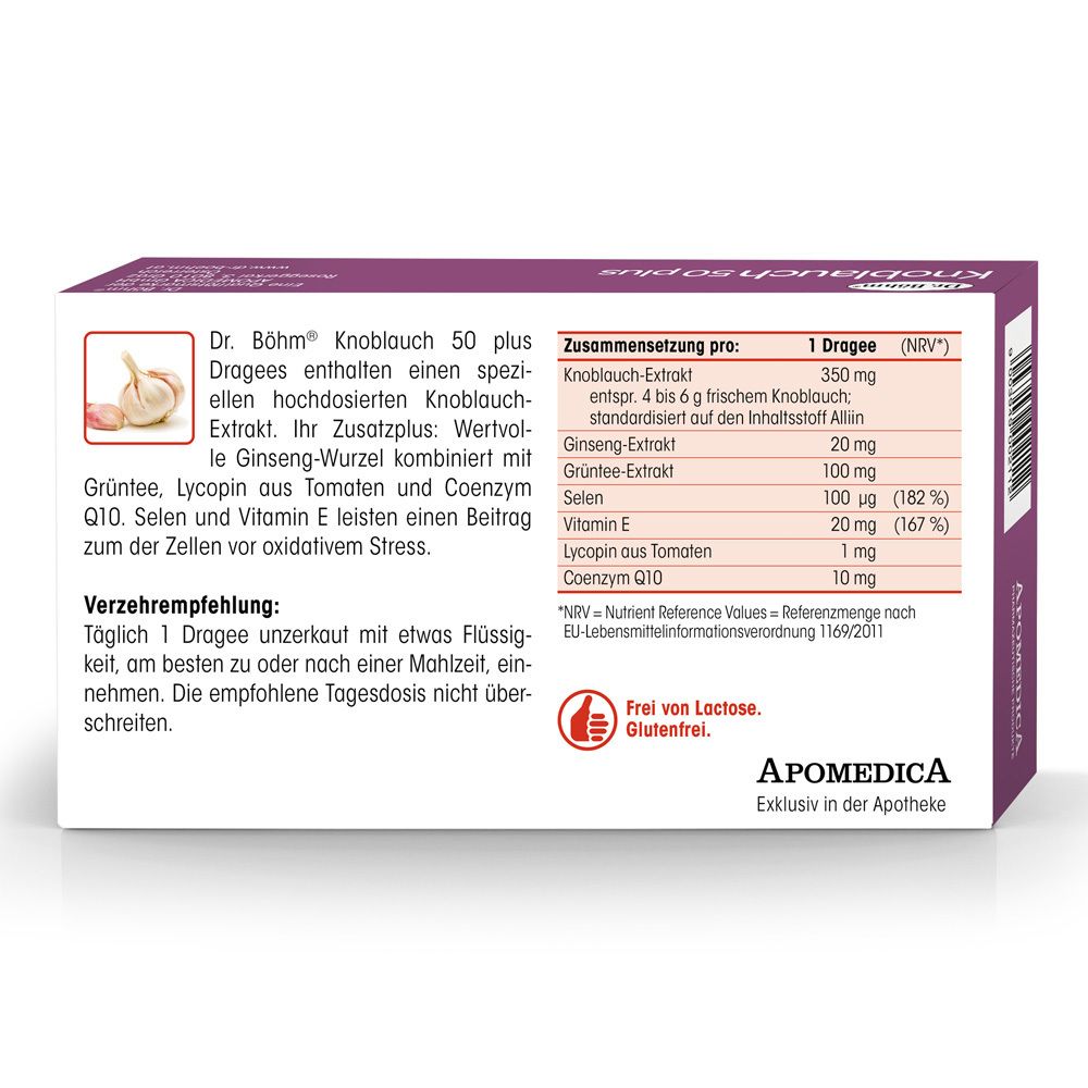 Rückseite der Verpackung von Dr. Böhm® Knoblauch 50 plus. Enthält Inhaltsstoffe und Verzehrempfehlung. Frei von Lactose. Glutenfrei.