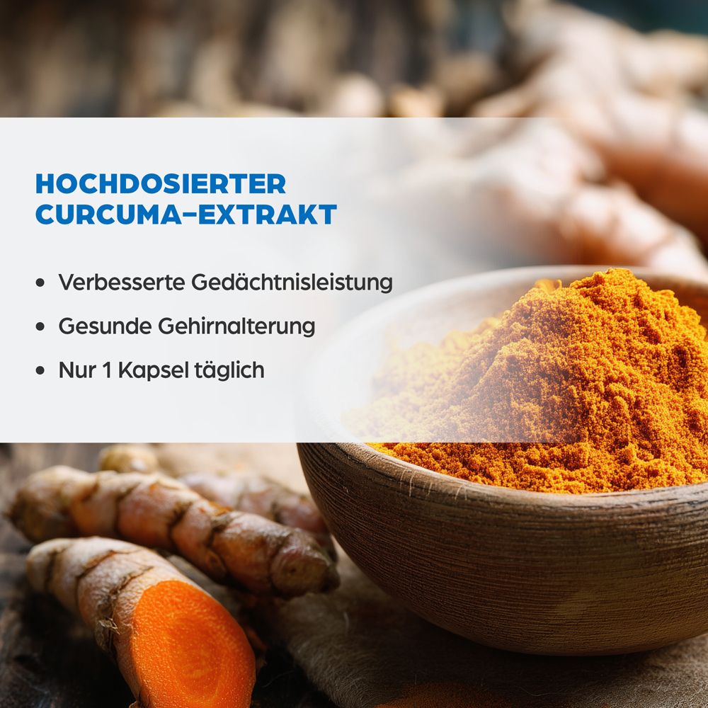 Kurkuma-Extrakt in Holzschale. Text: HOCHDOSIERTER CURCUMA-EXTRAKT. Gelbes Pulver und Kurkuma-Wurzeln.