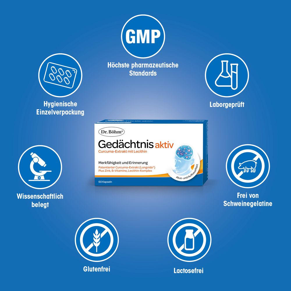 Produktverpackung umgeben von Logos. GMP, Hygienische Einzelverpackung, Laborgeprüft, Glutenfrei, Laktosefrei.