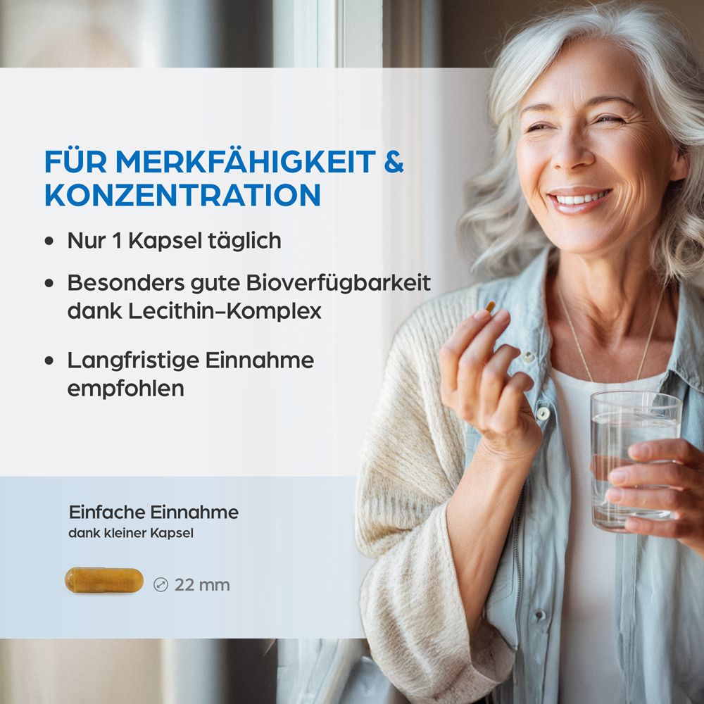 Kapsel neben Glas Wasser. Text: FÜR MERKFÄHIGKEIT & KONZENTRATION. 22 mm. Einfache Einnahme dank kleiner Kapsel.