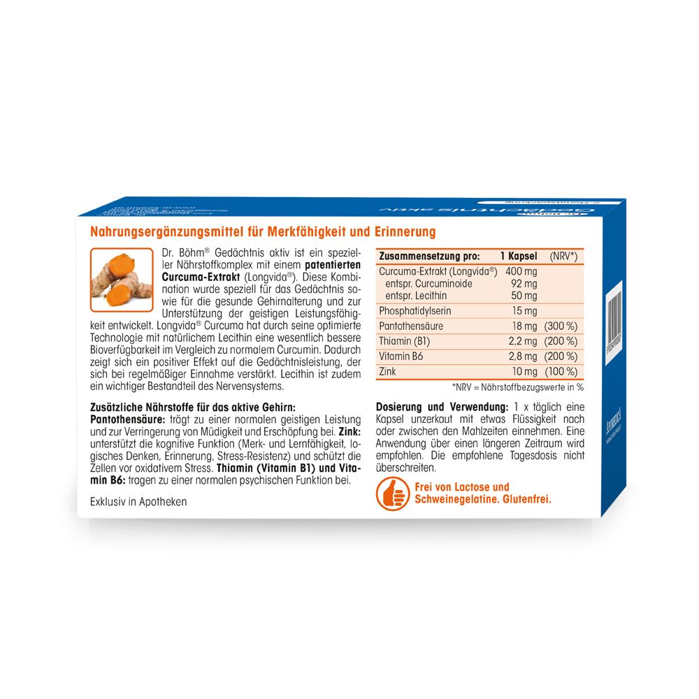 Rückseite der Produktverpackung. Inhaltsstoffe und Nährwertangaben. Text: Nahrungsergänzungsmittel für Merkfähigkeit und Erinnerung.