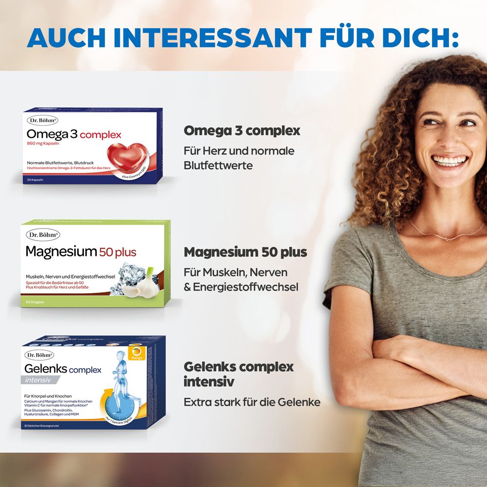 Frau mit anderen Produkten. Omega 3, Magnesium 50 plus, Gelenks complex intensiv. Text: AUCH INTERESSANT FÜR DICH!