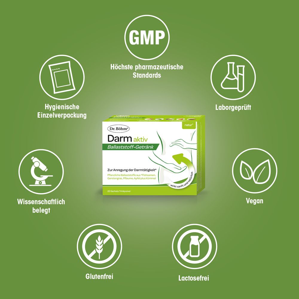 Produktpackung Dr. Böhm Darm aktiv, umgeben von Logos: GMP, vegan, glutenfrei, laktosefrei, Laborgeprüft, wissenschaftlich belegt.