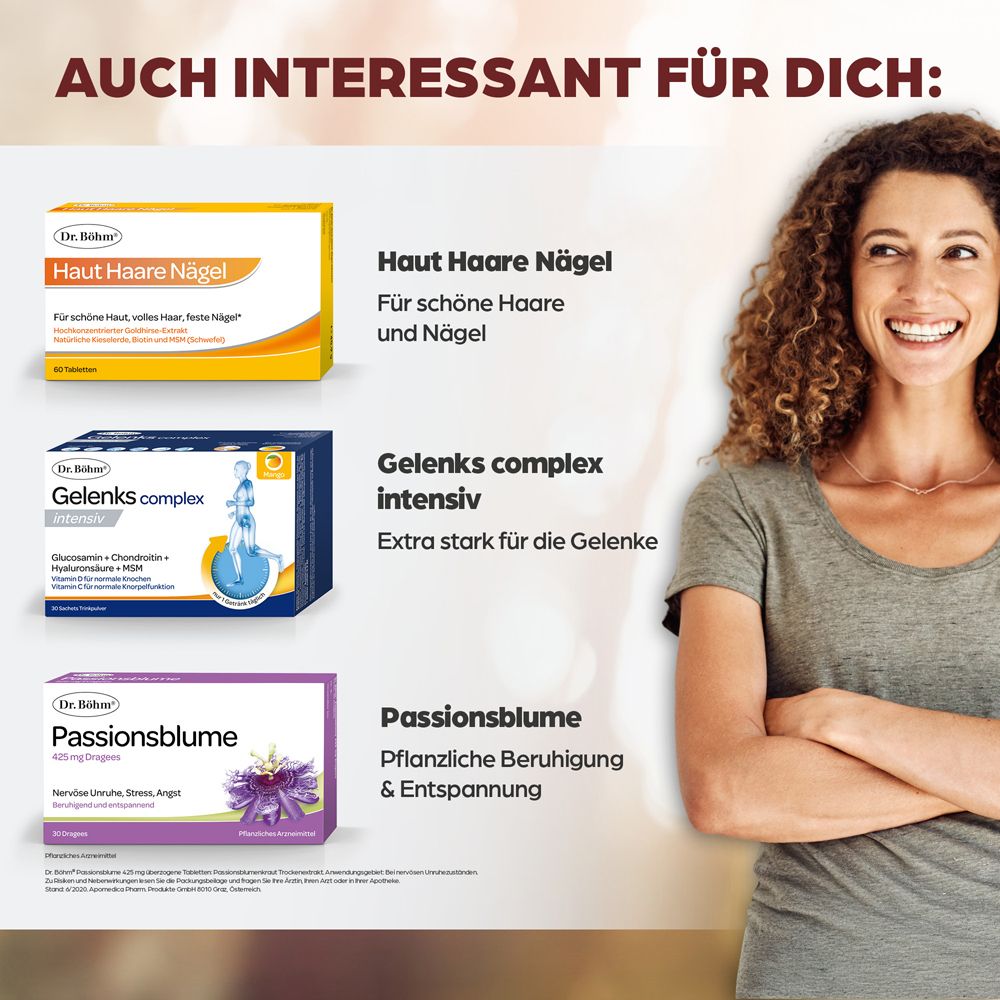 Frau lächelt. Produkte: Haut Haare Nägel, Gelenks complex intensiv, Passionsblume. Text: Auch interessant für dich.