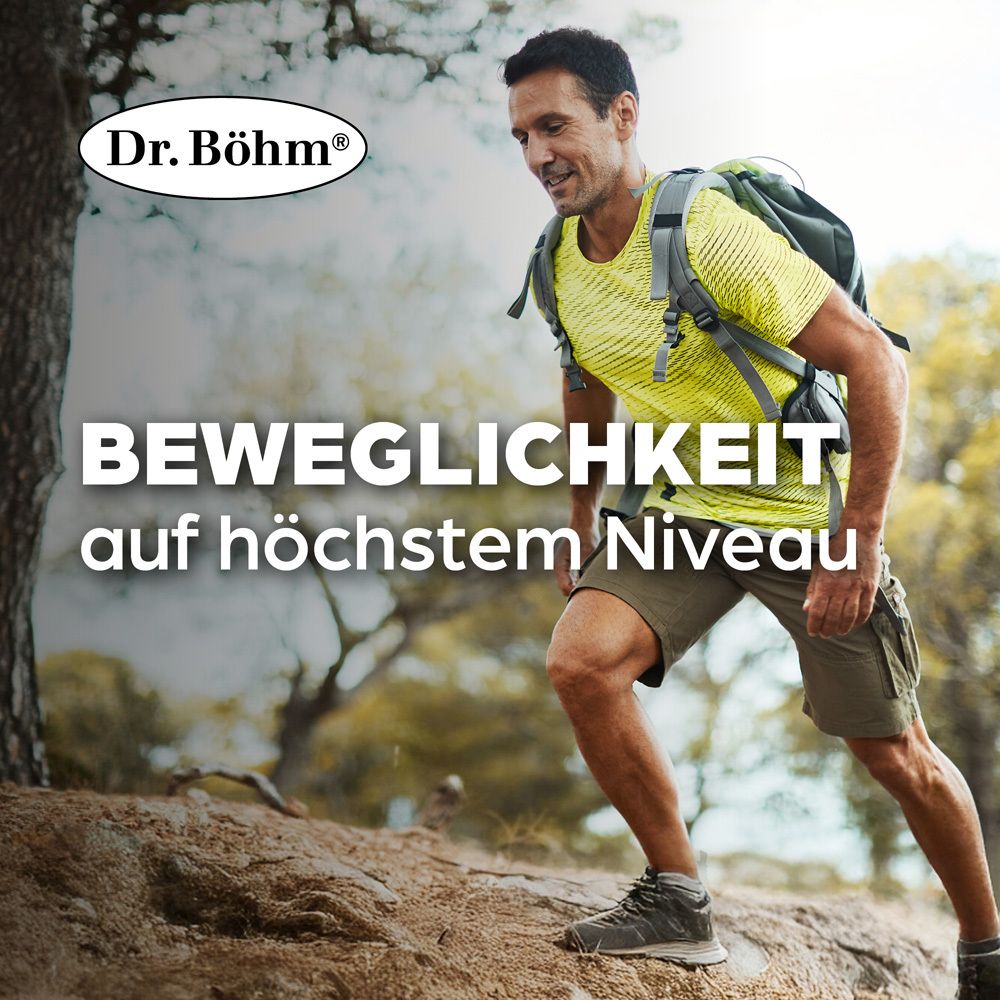 Mann beim Wandern. Text: Beweglichkeit auf höchstem Niveau. Logo Dr. Böhm.