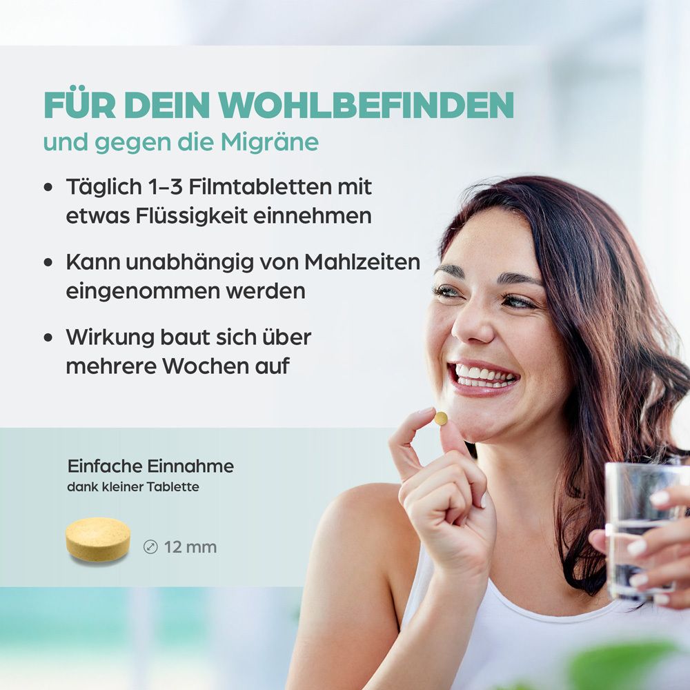 Frau nimmt eine kleine Tablette ein, Text über einfache Einnahme und Wohlbefinden.