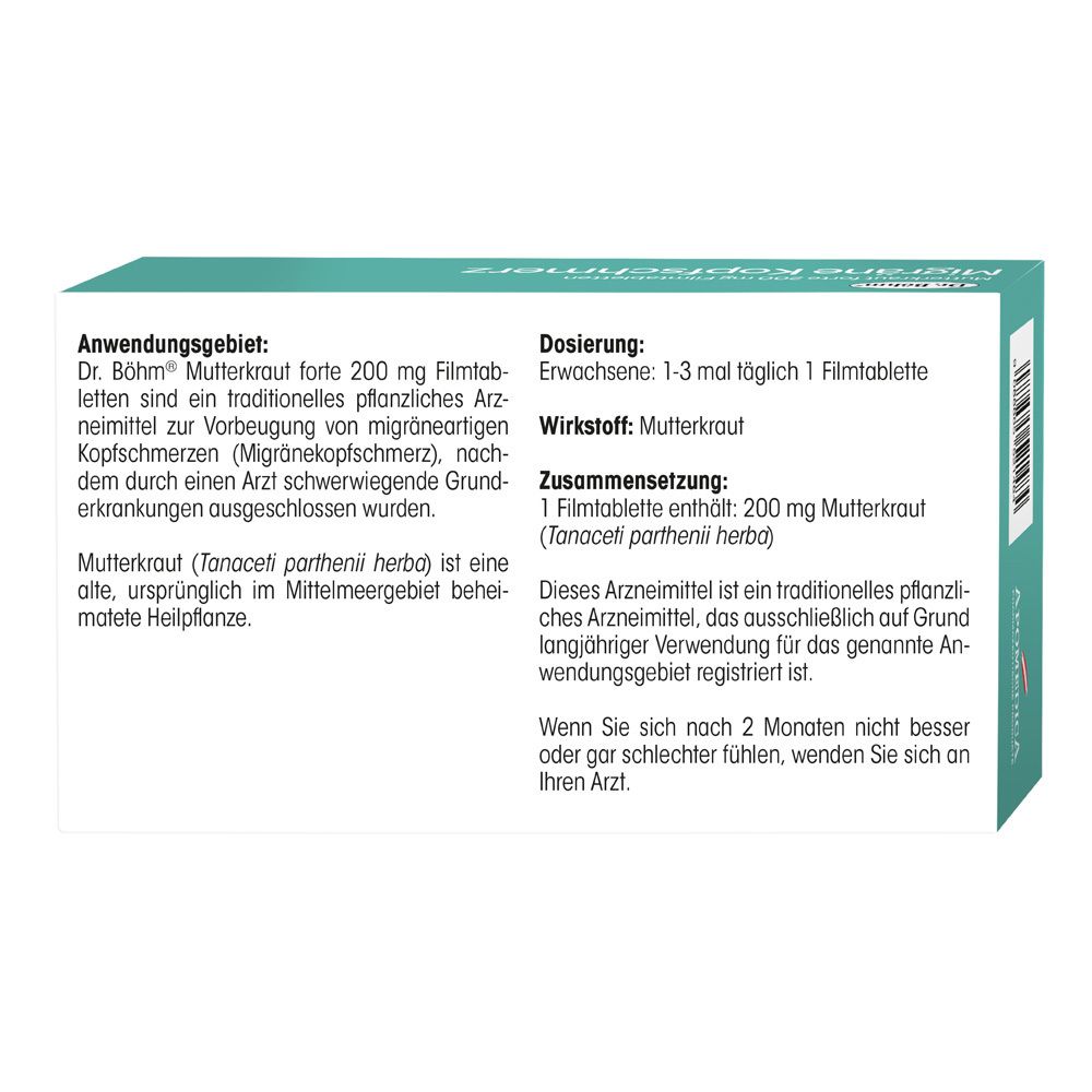 Rückseite der Tablettenverpackung. Text: Anwendung, Dosierung, Zusammensetzung, Wirkstoff. Marke: Dr. Böhm.