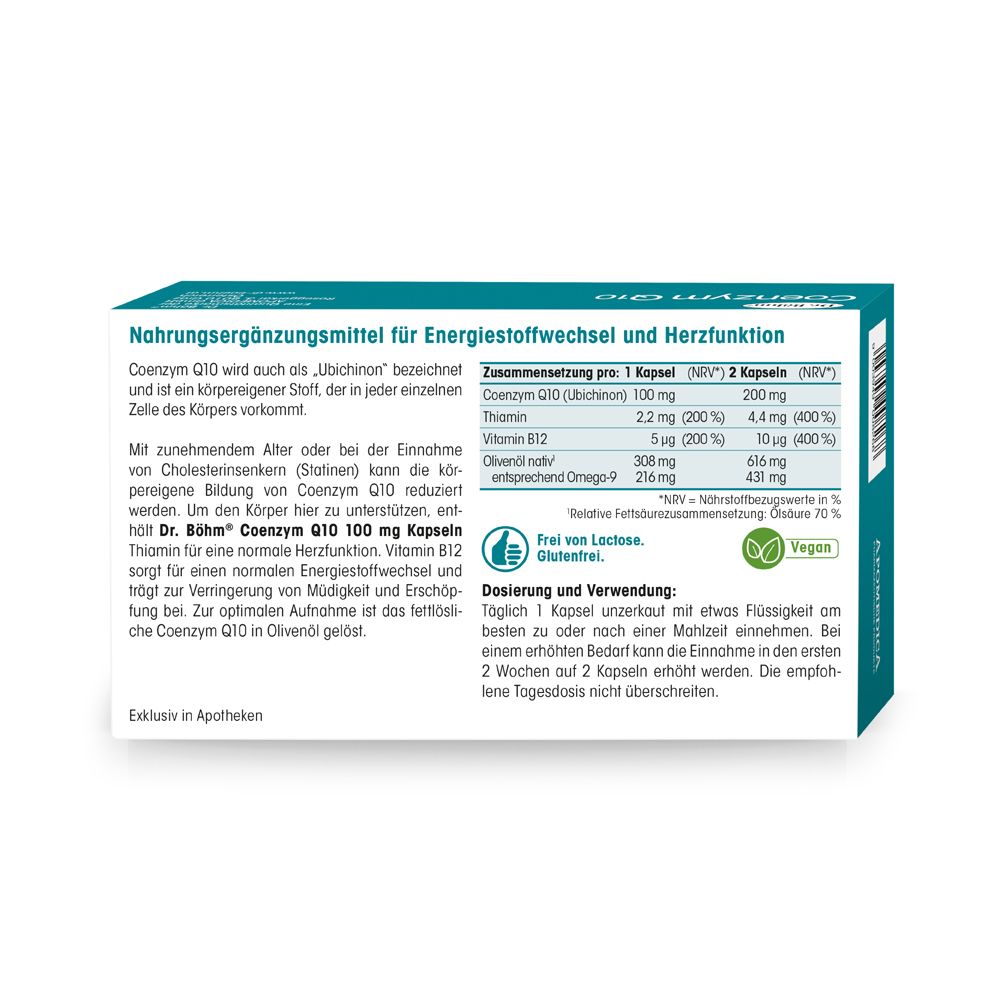 Rückseite der Dr. Böhm® Coenzym Q10 Verpackung. Text: Nährwertangaben. Frei von Lactose. Vegan.