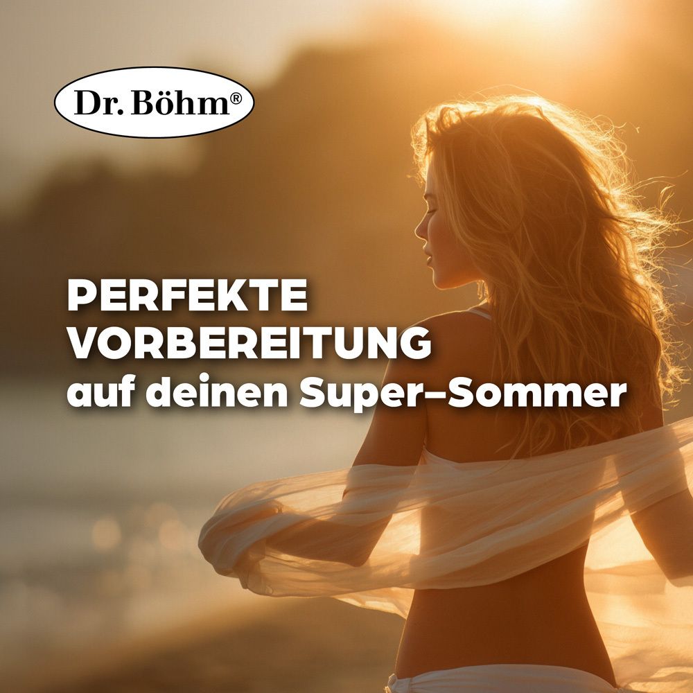 Frau im Sonnenlicht. Text: PERFEKTE VORBEREITUNG auf deinen Super-Sommer. Logo: Dr. Böhm®.