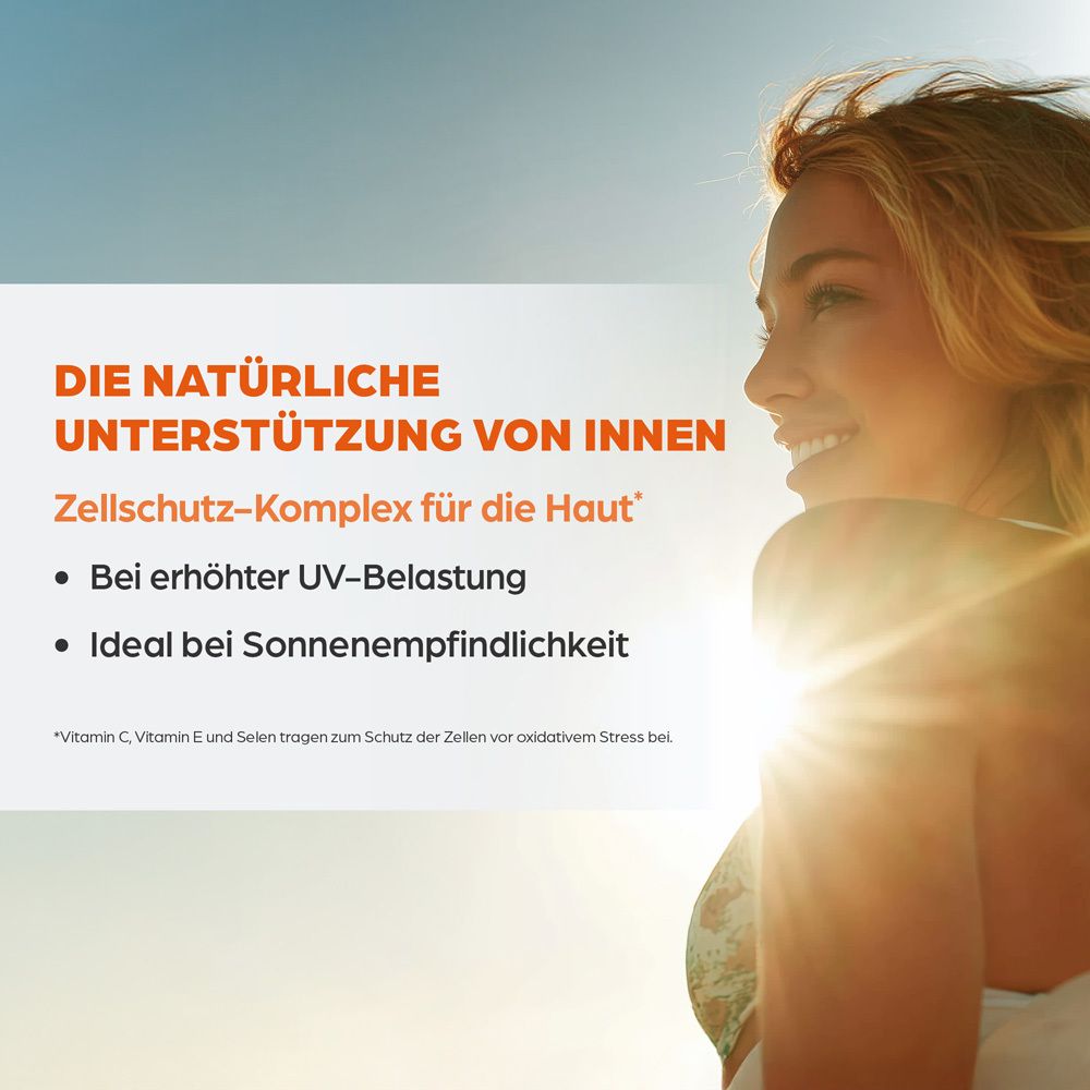 Frau im Sonnenlicht. Text: DIE NATÜRLICHE UNTERSTÜTZUNG VON INNEN. Zellschutz-Komplex für die Haut.