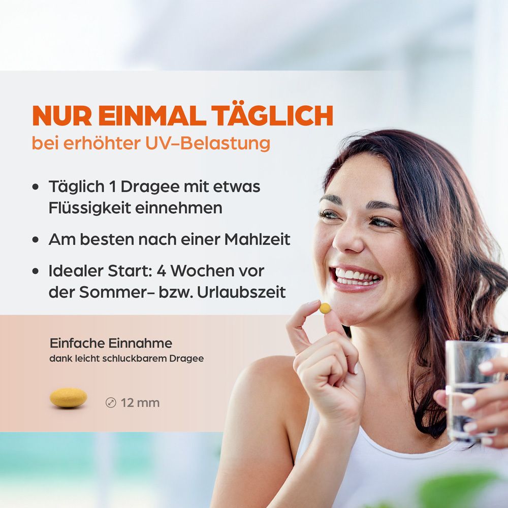 Frau nimmt Dragee. Text: NUR EINMAL TÄGLICH. 1 Dragee mit Flüssigkeit. 12 mm. Einfache Einnahme.