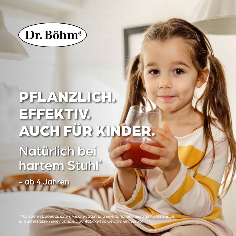 Mädchen trinkt ein Getränk. Text: Pflanzlich, effektiv, auch für Kinder. Natürlich bei hartem Stuhl.