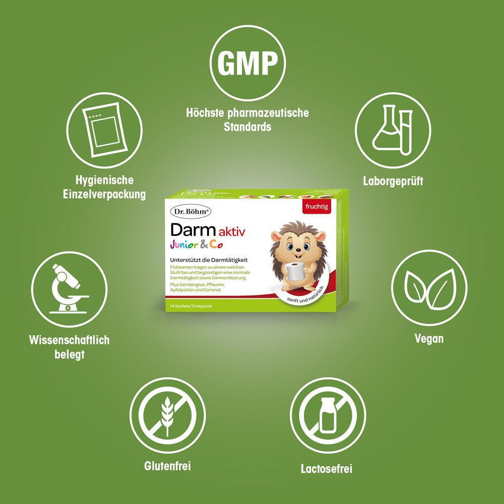 Packung Dr. Böhm Darm aktiv Junior & Co. mit Siegeln: GMP, hygienische Einzelverpackung, Laborgeprüft, Vegan, glutenfrei, lactosefrei.