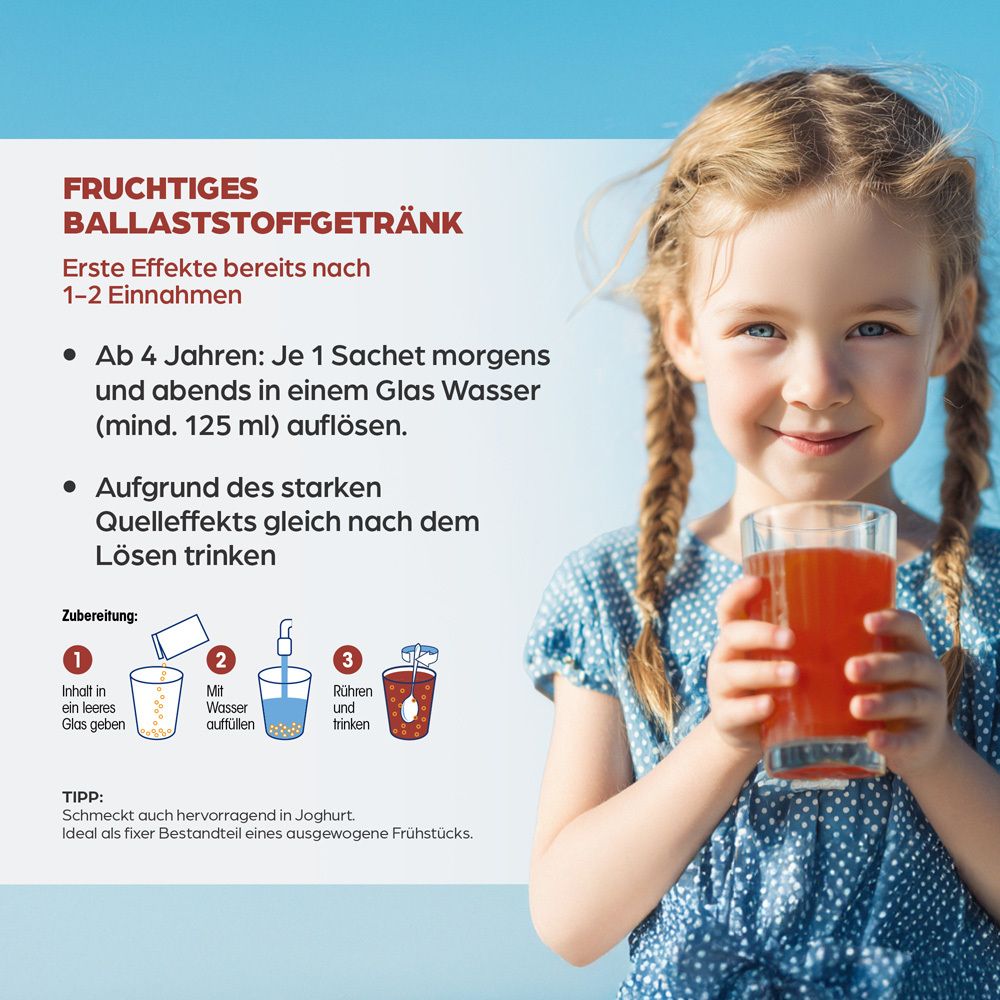Ein Mädchen trinkt ein Glas roten Saft. Zubereitungsschritte für ein ballaststoffreiches Getränk.