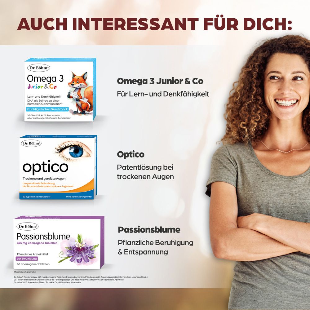 Frau lächelt. Produkte: Omega 3 Junior & Co, Optico, Passionsblume. Text: Auch interessant für dich.