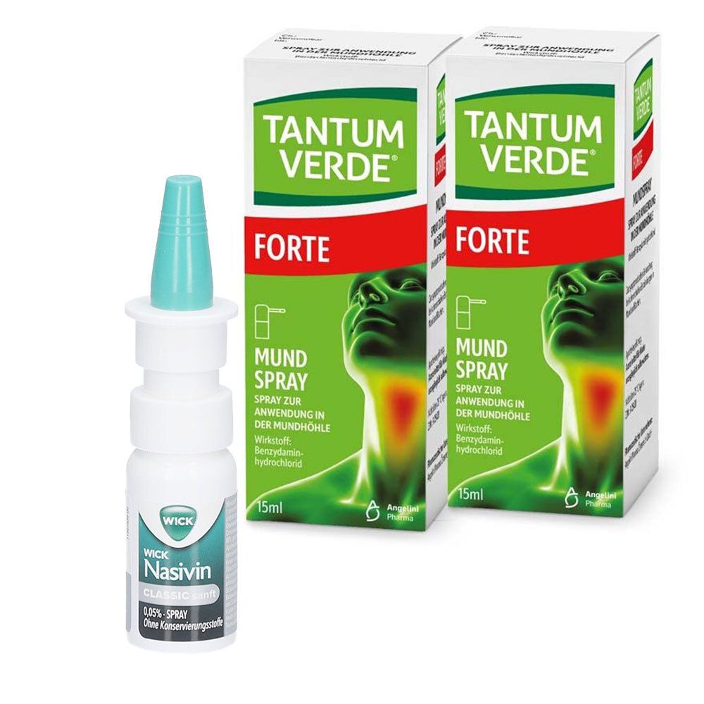 Zwei Schachteln TANTUM VERDE FORTE Mundspray und eine Flasche Nasivin Classic Nasenspray. Produkte mit grüner und roter Beschriftung.