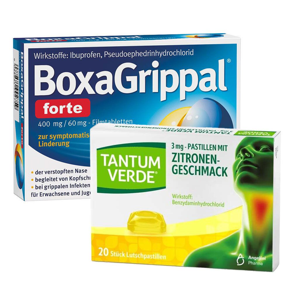Zwei Medikamentenverpackungen. BoxaGrippal forte, blau, und TANTUM VERDE Pastillen mit Zitronengeschmack, weiß-gelb. Beide mit Text.