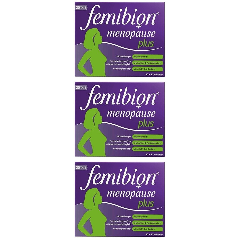 Drei Schachteln Femibion Menopause Plus. Lila Verpackung mit grünen Akzenten. Enthält 30 Tabletten. Aufdruck: "meno20".