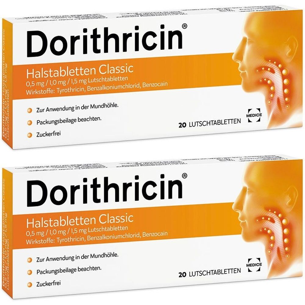 Zwei Schachteln Dorithricin Halstabletten Classic. Aufschrift: 20 Lutschtabletten. Abbildung eines Halses.