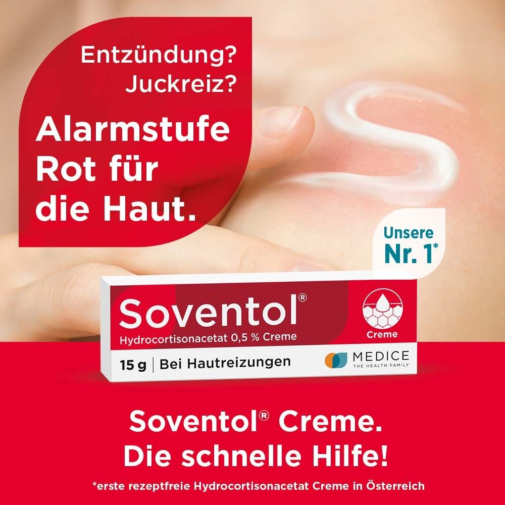 Werbung mit Soventol® Creme und Text. Roter Hintergrund mit Text und Produktabbildung.