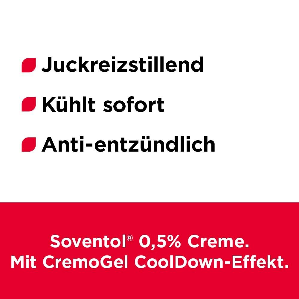 Text: Juckreizstillend, kühlt sofort, anti-entzündlich. Text: Soventol® 0,5% Creme. Mit CremoGel CoolDown-Effekt.