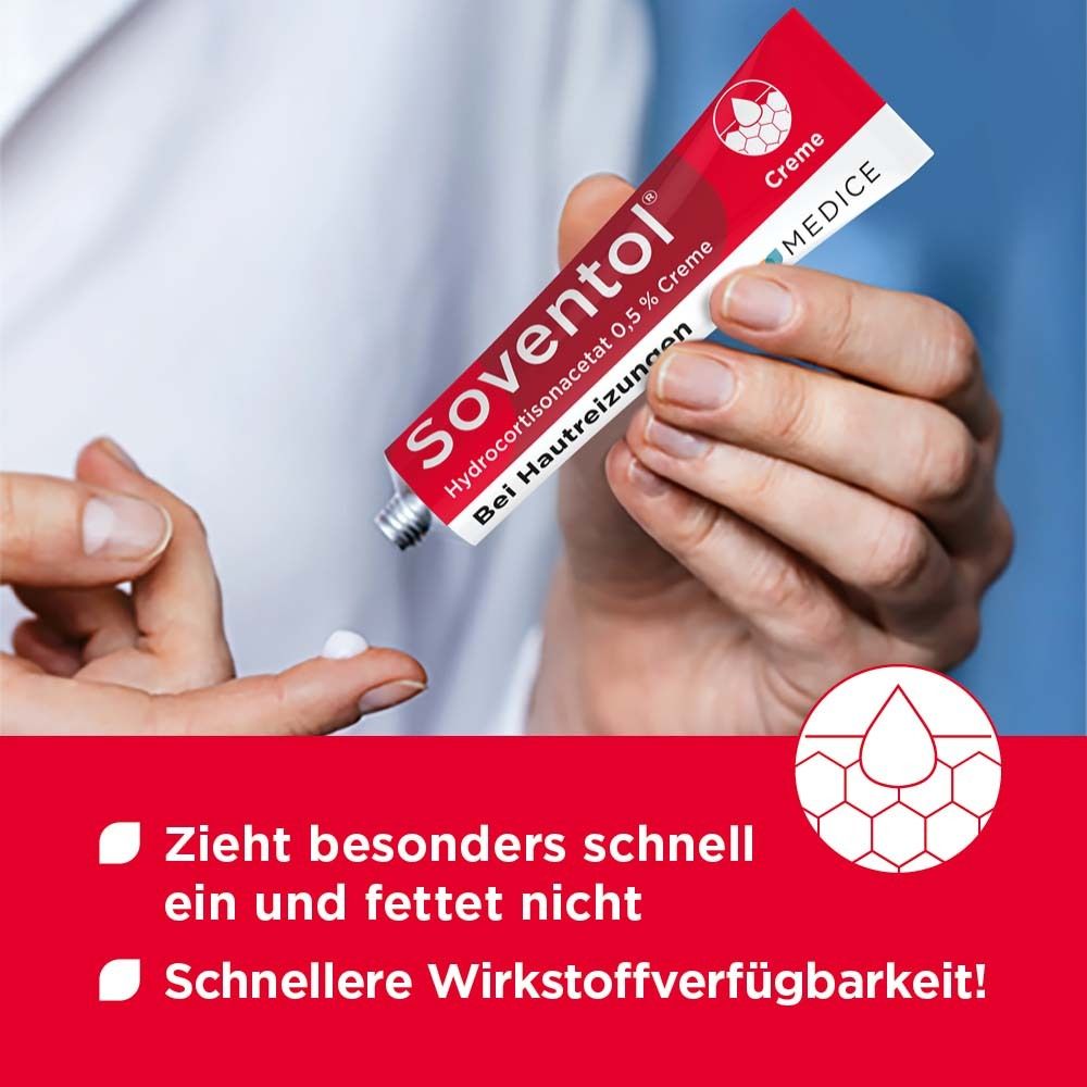 Hand hält Tube Soventol® Creme. Text: Zieht besonders schnell ein und fettet nicht. Schnellere Wirkstoffverfügbarkeit!