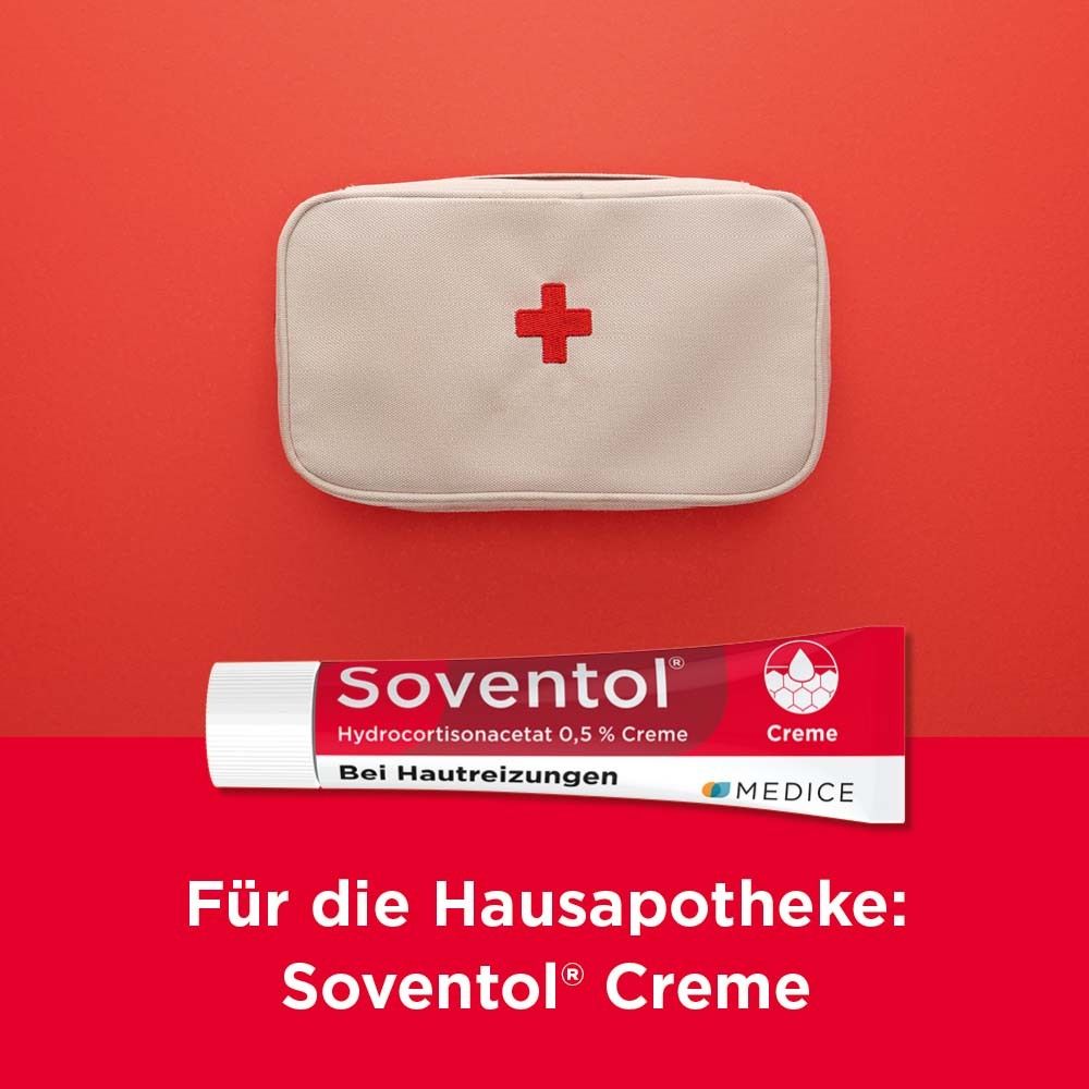 Erste-Hilfe-Set mit Tube Soventol® Creme. Text: Für die Hausapotheke: Soventol® Creme.