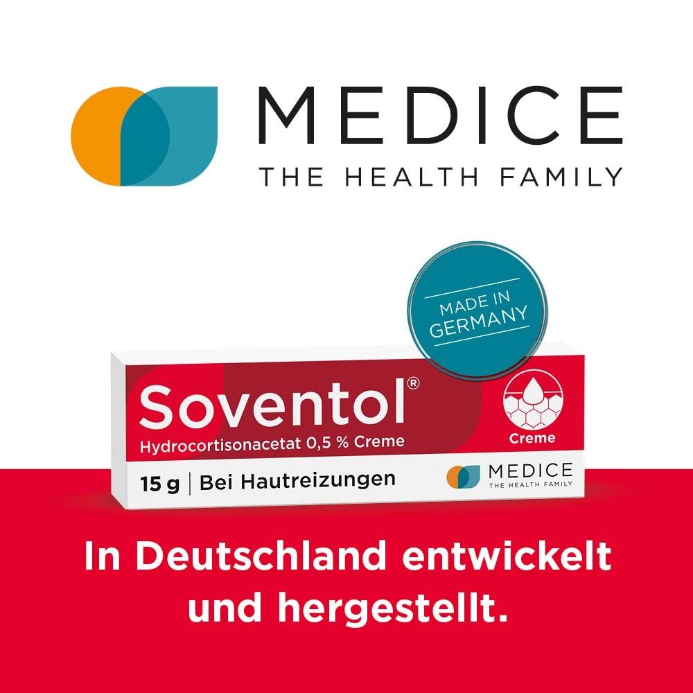 Schachtel Soventol® Creme. Text: In Deutschland entwickelt und hergestellt. Logo: MEDICE THE HEALTH FAMILY.