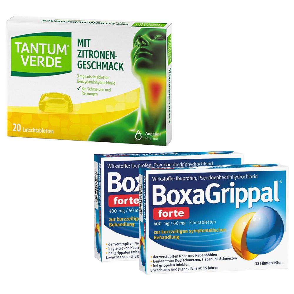 Zwei Medikamentenpackungen. Oben: TANTUM VERDE® Halspastillen Zitrone. Unten: BoxaGrippal® forte, blaue Schachteln mit gelbem Logo.