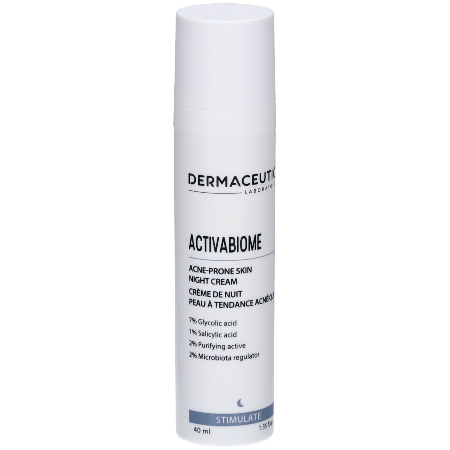 Weiße Flasche mit Dermaceutic Activabiome Nachtcreme. Text: Acne-prone skin night cream. Inhaltsstoffe: Glykolsäure, Salicylsäure, etc.