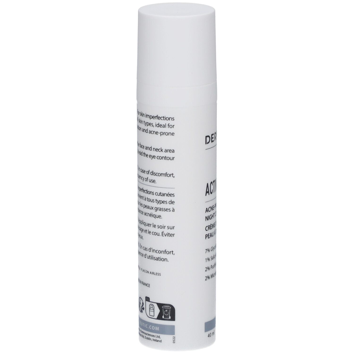 Weiße Flasche Dermaceutic Activabiome Nachtcreme. Text: Indikationen, Anwendung, Vorsichtsmaßnahmen. 40 ml. Airless-Flasche. Hergestellt in Frankreich.