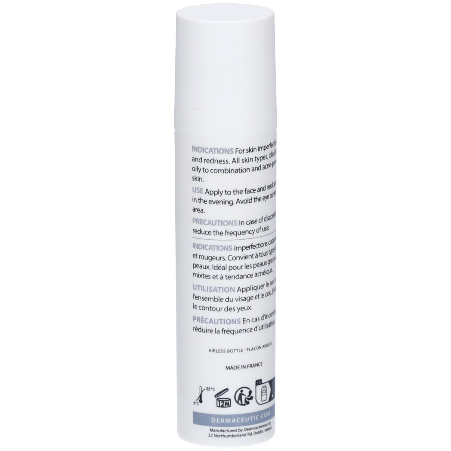 Weiße Flasche Dermaceutic Activabiome Nachtcreme. Text: Indikationen, Anwendung, Vorsichtsmaßnahmen. 40 ml. Airless-Flasche. Hergestellt in Frankreich.