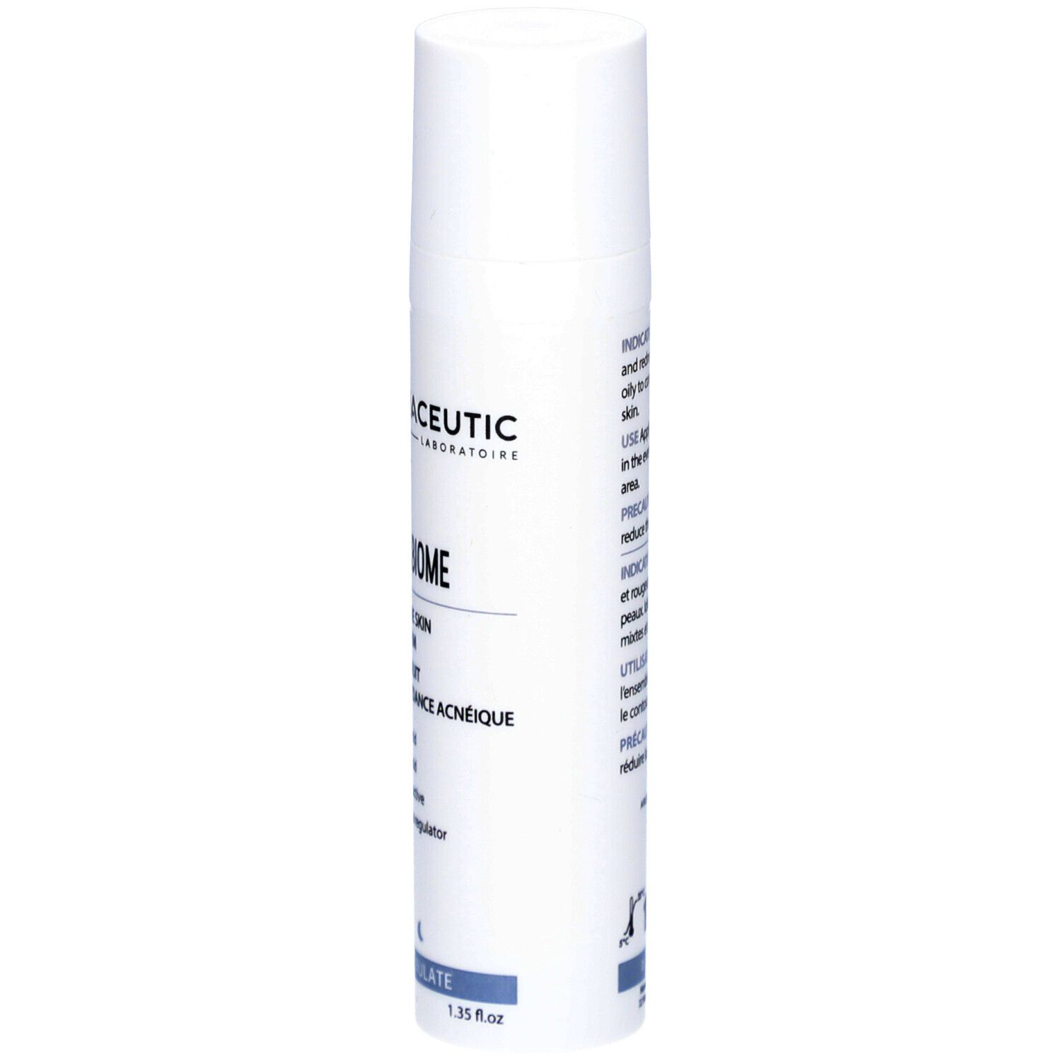 Weiße Flasche Dermaceutic Activabiome Nachtcreme. Text: Acne-prone skin night cream. Inhaltsstoffe: Glykolsäure, Salicylsäure, etc.