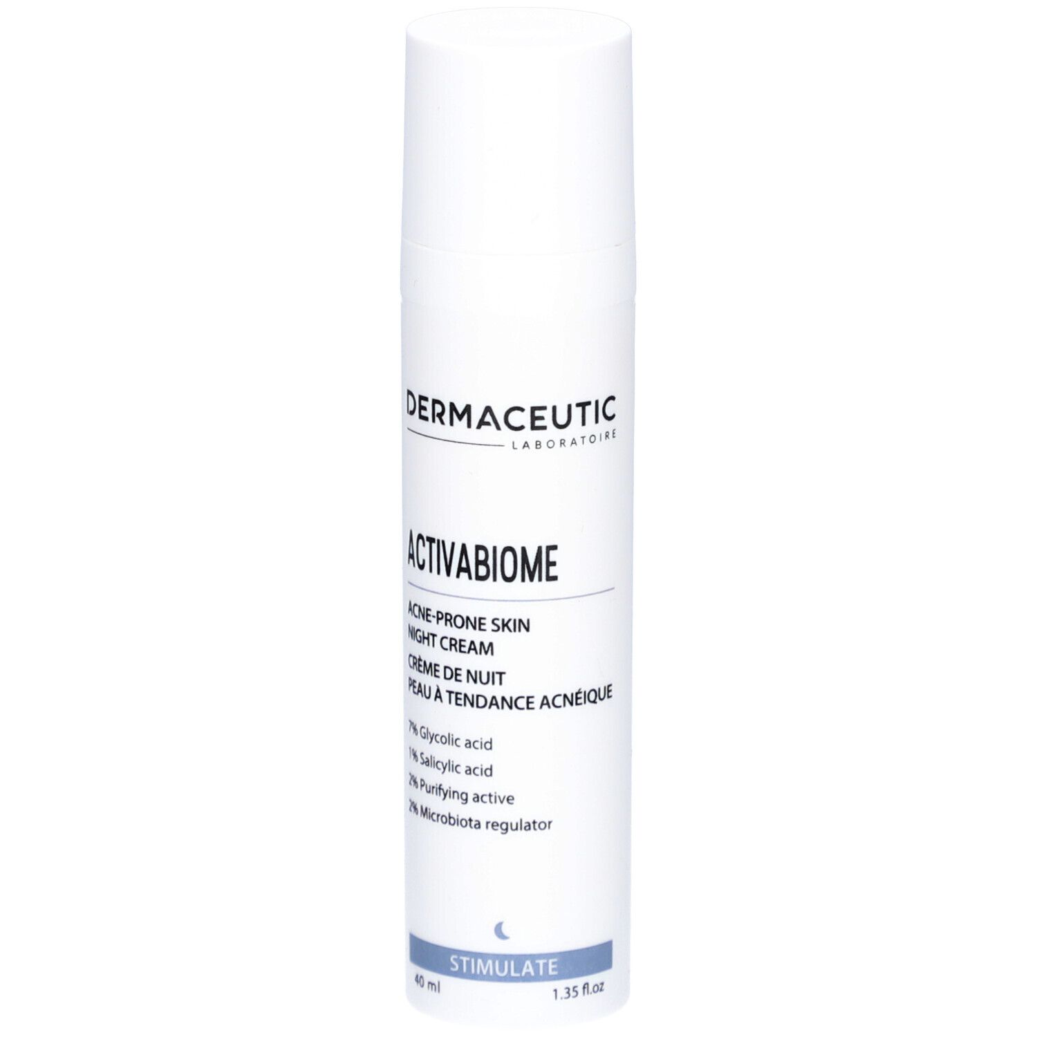 Weiße Flasche mit Dermaceutic Activabiome Nachtcreme. Text: Acne-prone skin night cream. Inhaltsstoffe: Glykolsäure, Salicylsäure, etc.