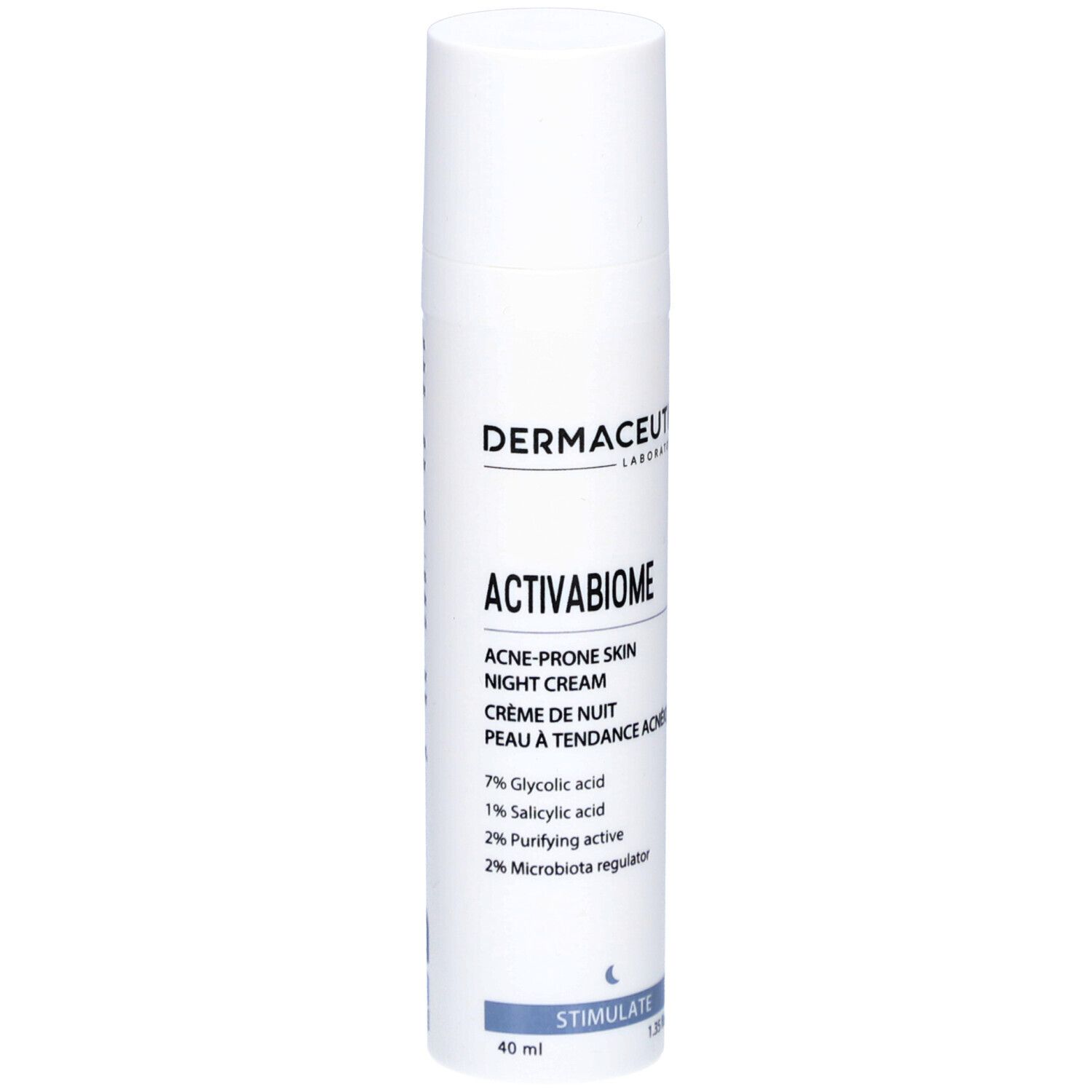 Weiße Flasche mit Dermaceutic Activabiome Nachtcreme. Text: Acne-prone skin night cream. Inhaltsstoffe: Glykolsäure, Salicylsäure, etc.