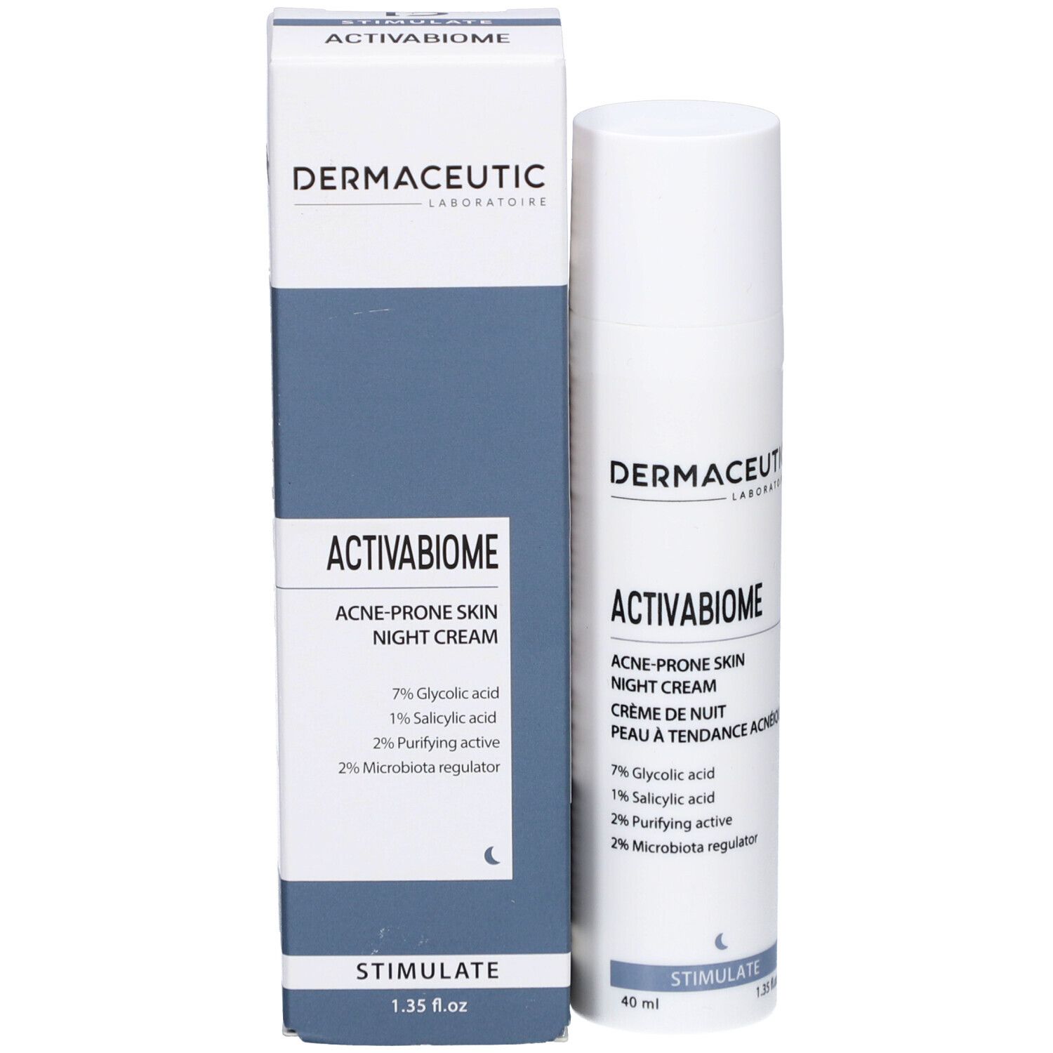 Dermaceutic Activabiome Nachtcreme und Verpackung. Text: Acne-prone skin night cream. Inhaltsstoffe: Glykolsäure, Salicylsäure, etc. 40 ml.