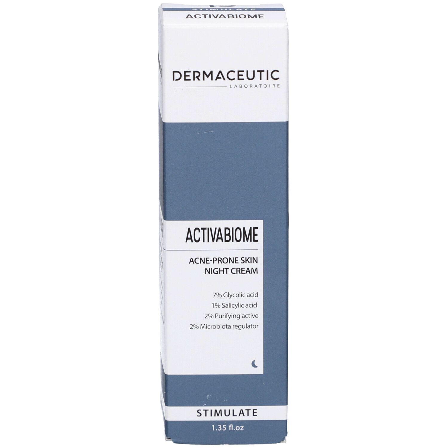 Verpackung Dermaceutic Activabiome Nachtcreme. Text: Acne-prone skin night cream. Inhaltsstoffe: Glykolsäure, Salicylsäure, etc. 40 ml.
