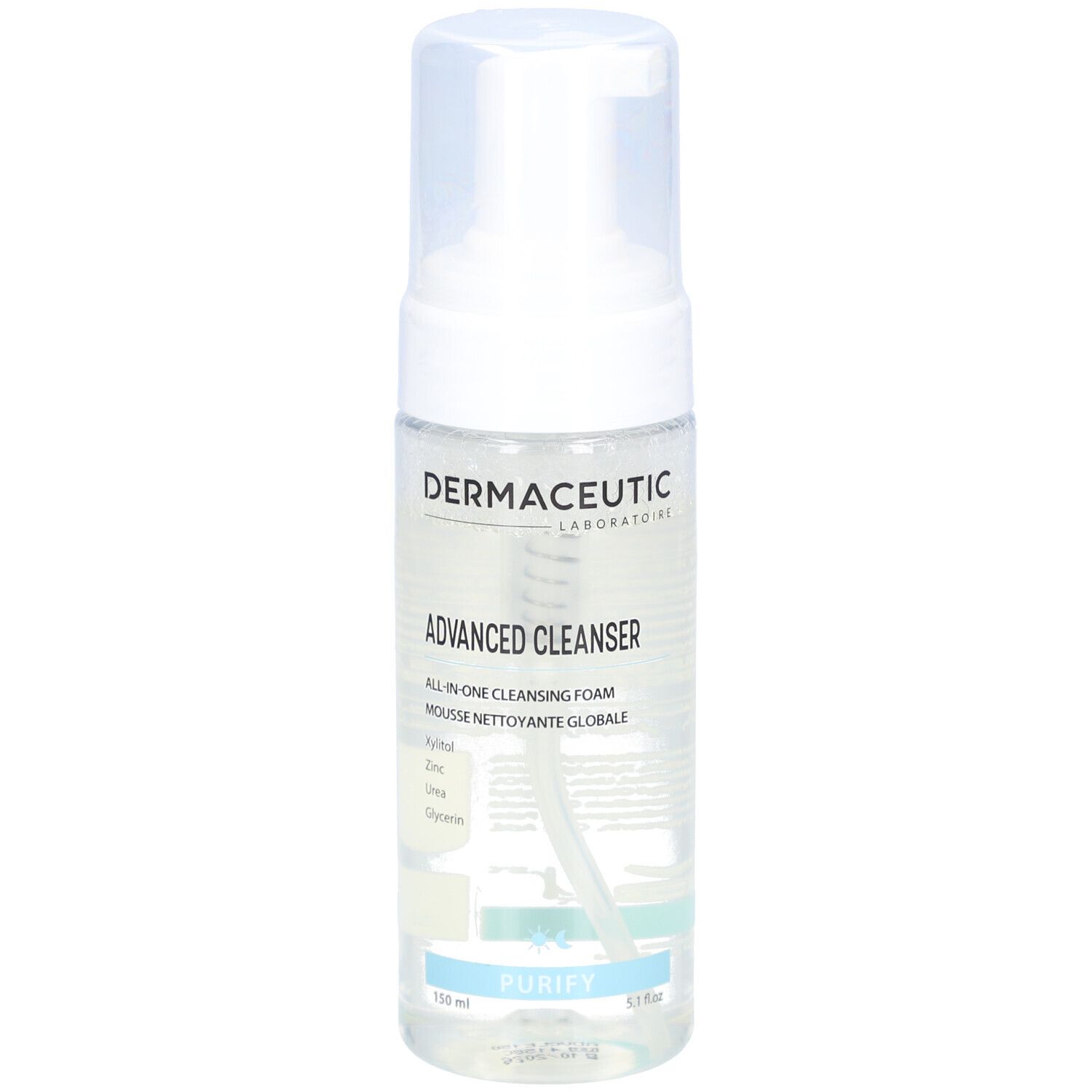 Klare Flasche mit weißem Pumpkopf. Beschriftung: Dermaceutic, Advanced Cleanser, All-in-one Cleansing Foam. Inhaltsstoffe: Xylitol, Zink, Urea, Glycerin.