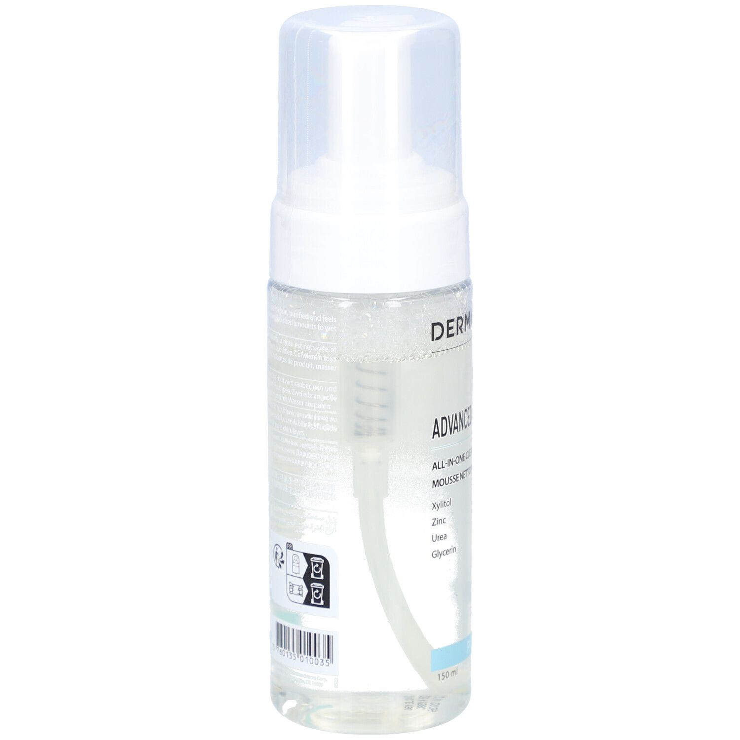 Transparente Flasche mit weißem Pumpkopf. Barcode und Text auf der Rückseite. Produktname: Dermaceutic Advanced Cleanser.