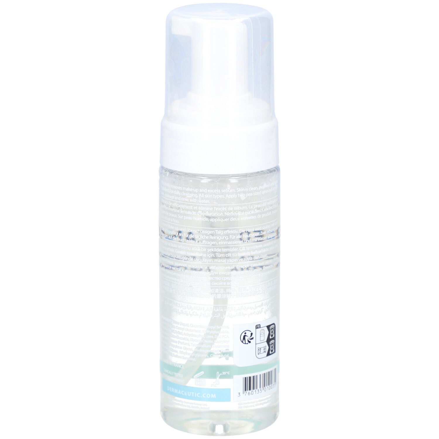 Transparente Flasche mit weißem Pumpkopf. Rückseite mit Text und Barcode. Produktname: Dermaceutic Advanced Cleanser.