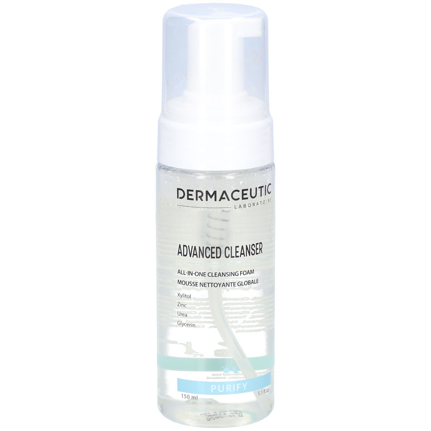 Klare Flasche mit weißem Pumpkopf. Beschriftung: Dermaceutic, Advanced Cleanser, All-in-one Cleansing Foam. Inhaltsstoffe: Xylitol, Zink, Urea, Glycerin.